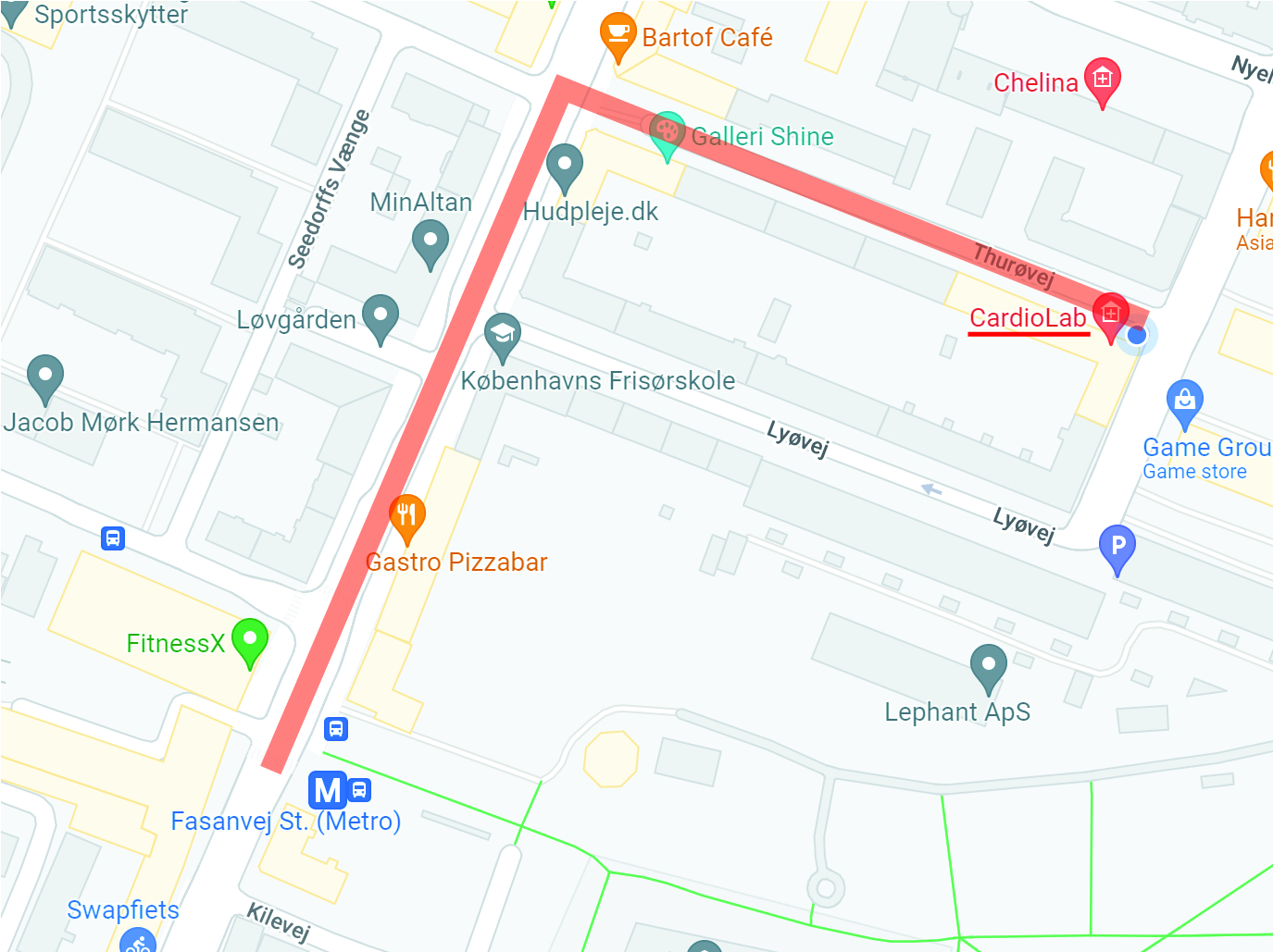 Kort, der viser, hvordan man kommer fra Fasanvej metrostation til CardioLabs klinik